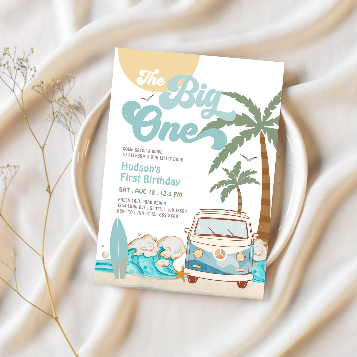 Retro Boy The Big One Surfing 1st Birthday Party Invitation - Image 2