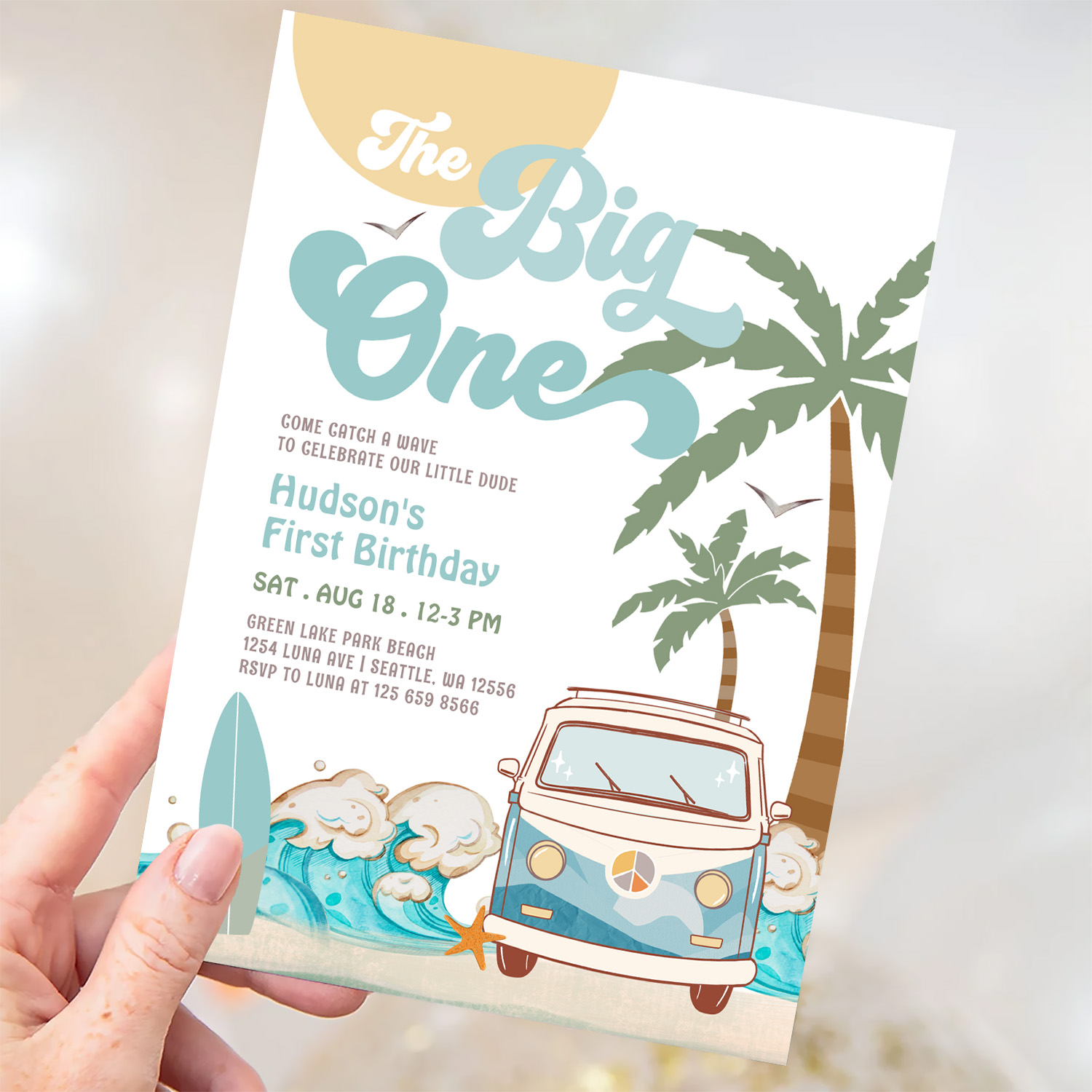 Retro Boy The Big One Surfing 1st Birthday Party Invitation - Image 3