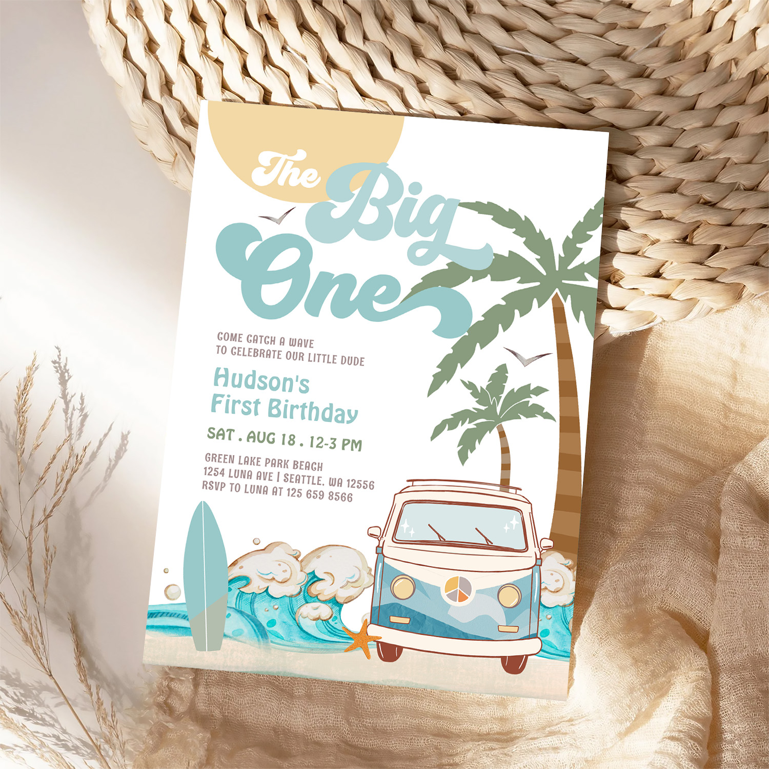 Retro Boy The Big One Surfing 1st Birthday Party Invitation - Image 4