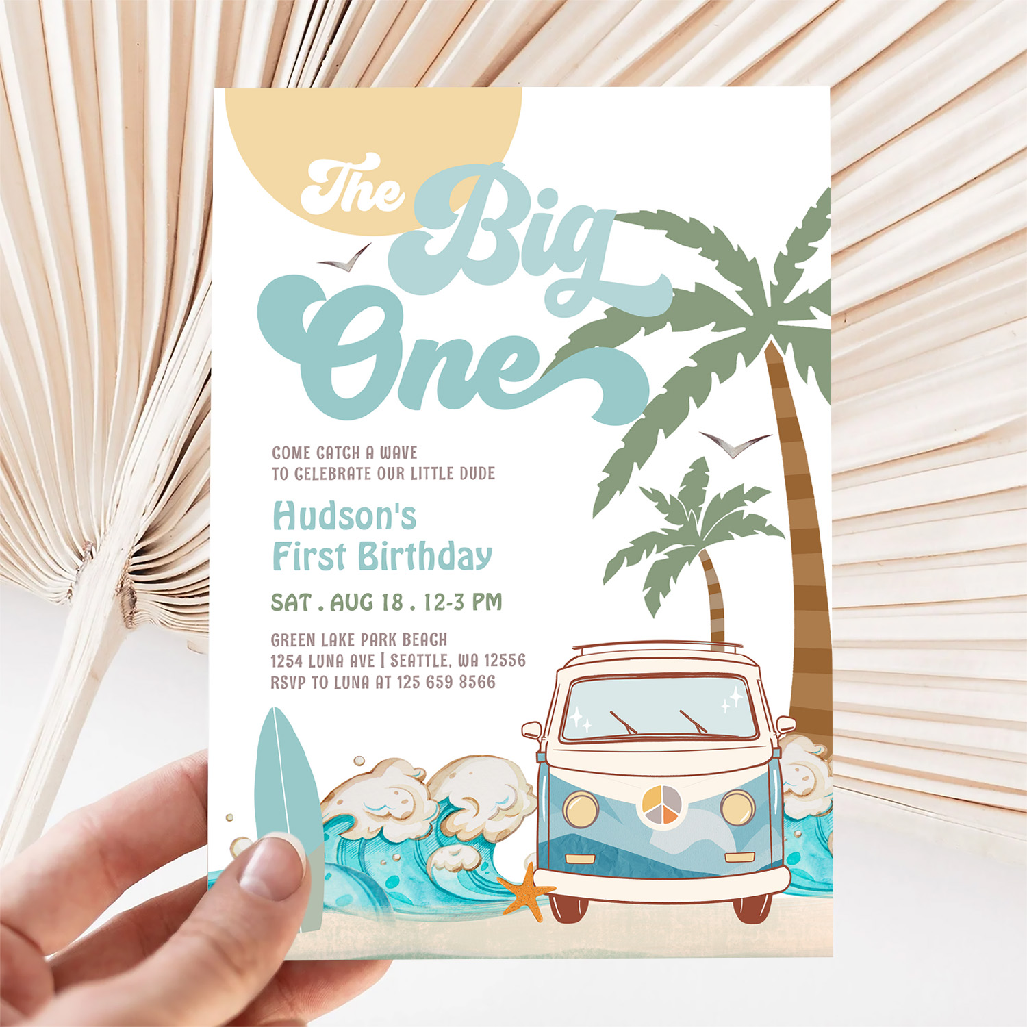 Retro Boy The Big One Surfing 1st Birthday Party Invitation - Image 5