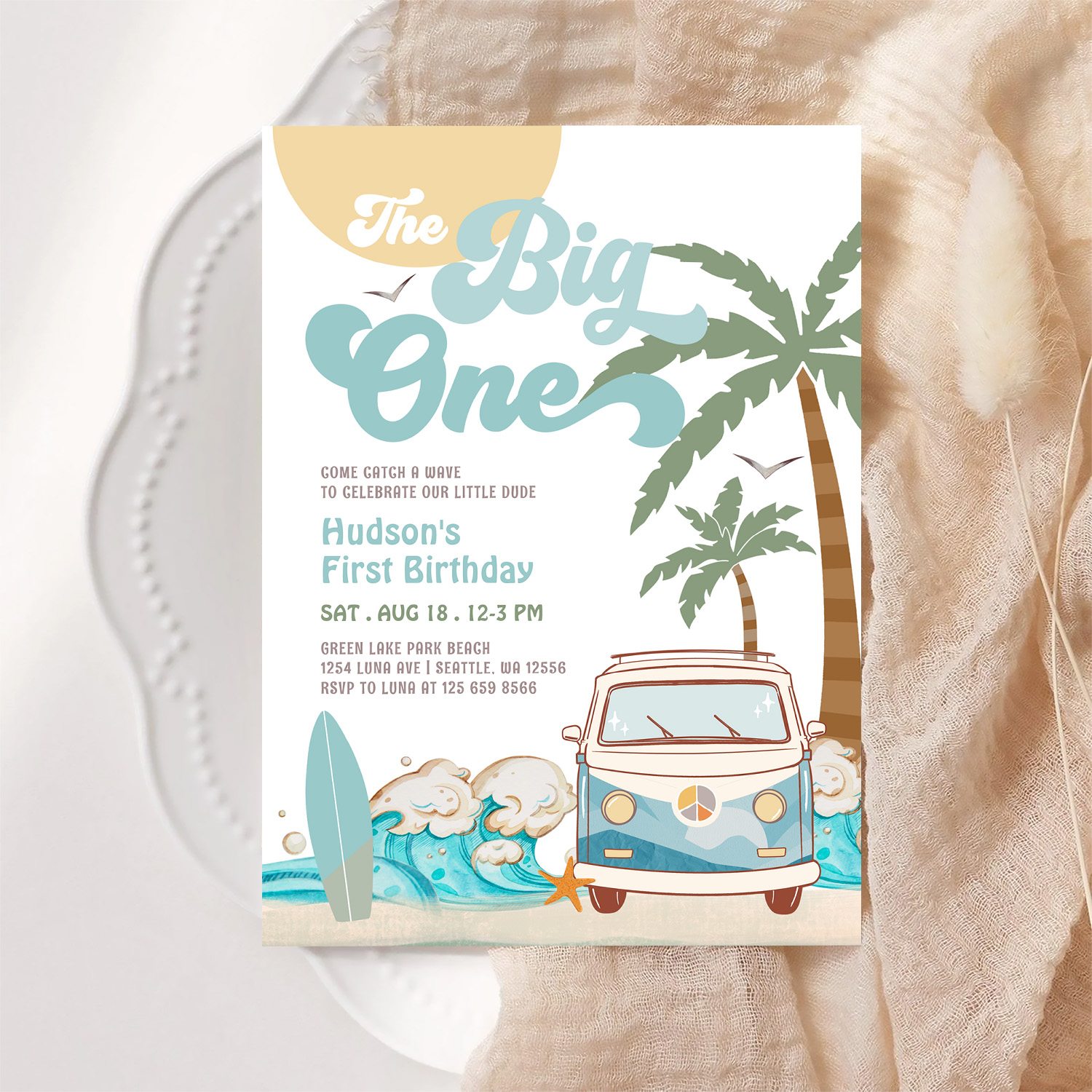 Retro Boy The Big One Surfing 1st Birthday Party Invitation - Image 6