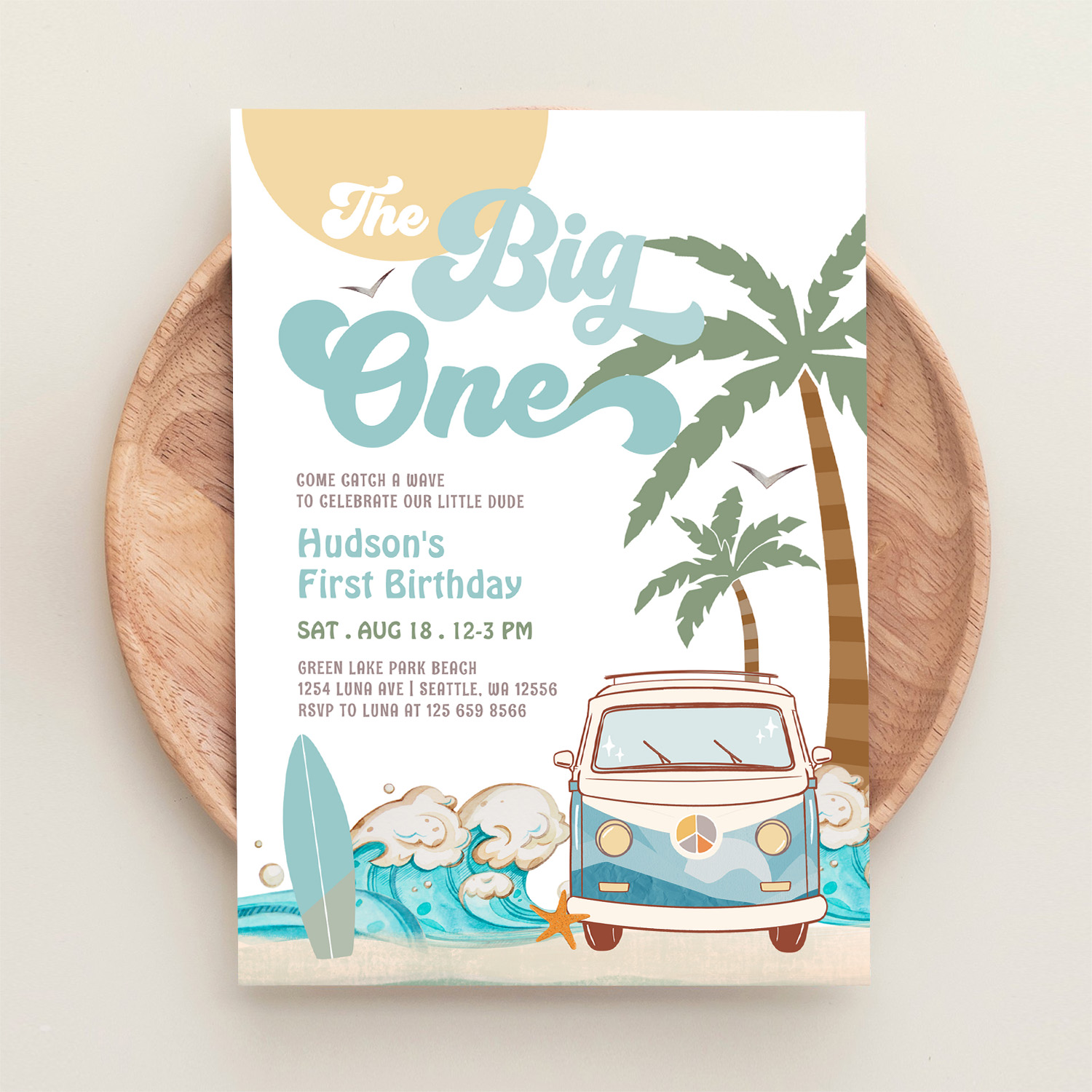 Retro Boy The Big One Surfing 1st Birthday Party Invitation - Image 7