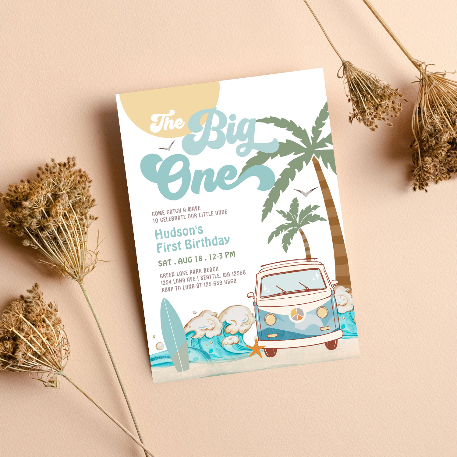 Retro Boy The Big One Surfing 1st Birthday Party Invitation - Image 8