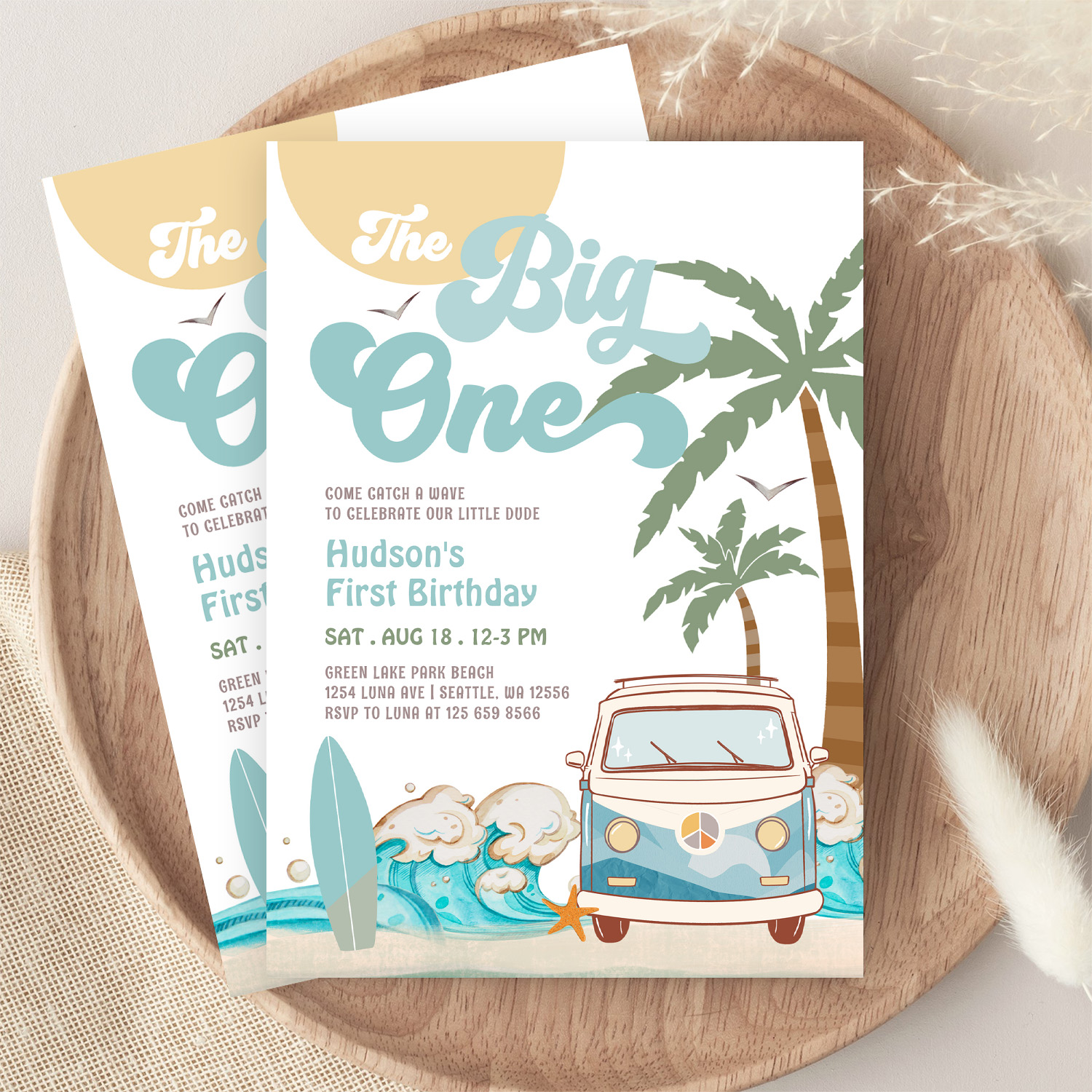 Retro Boy The Big One Surfing 1st Birthday Party Invitation - Image 9