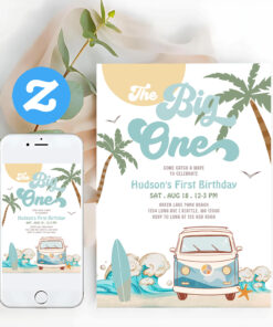 Retro Boy The Big One Surfing 1st Birthday Party Invitation