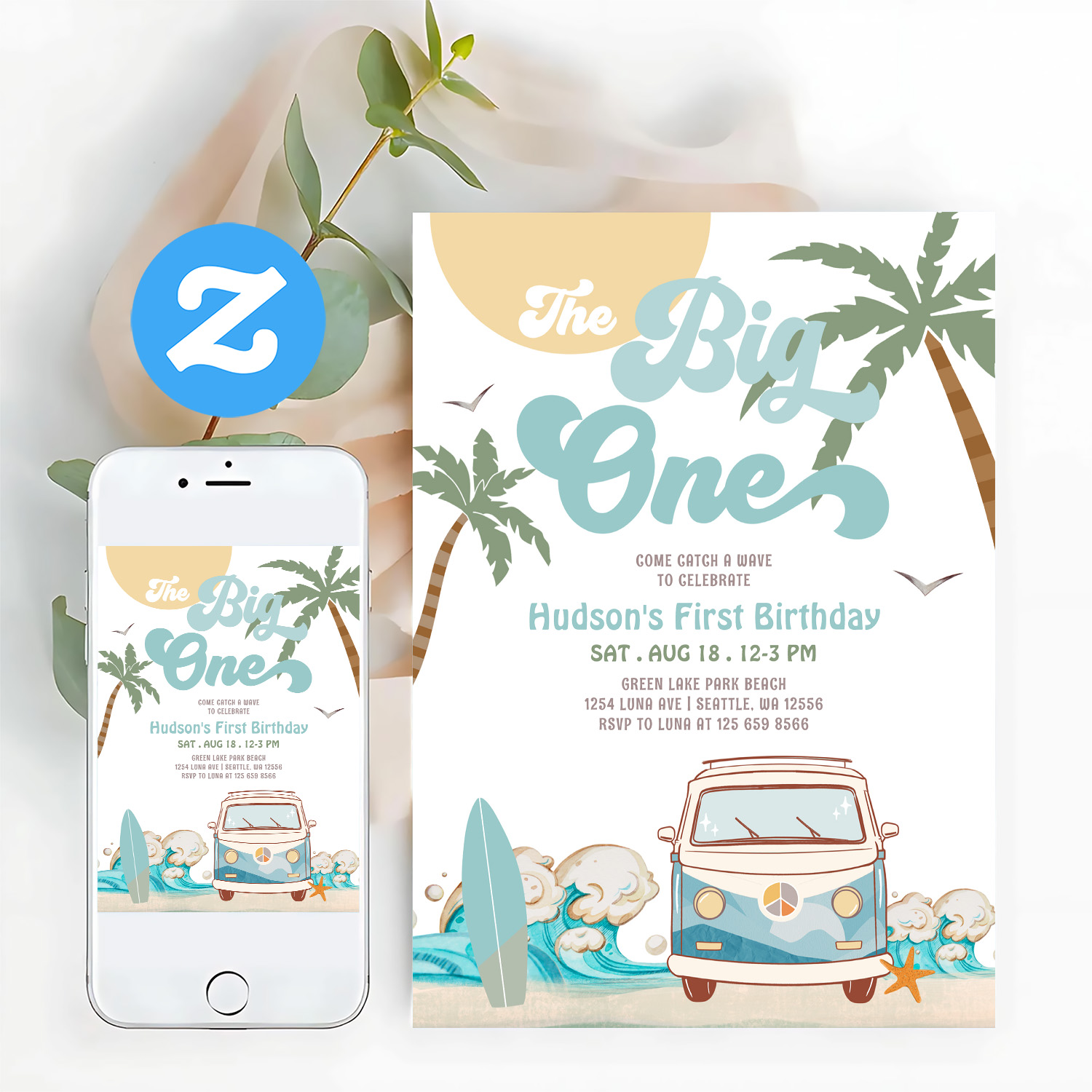 Retro Boy The Big One Surfing 1st Birthday Party Invitation