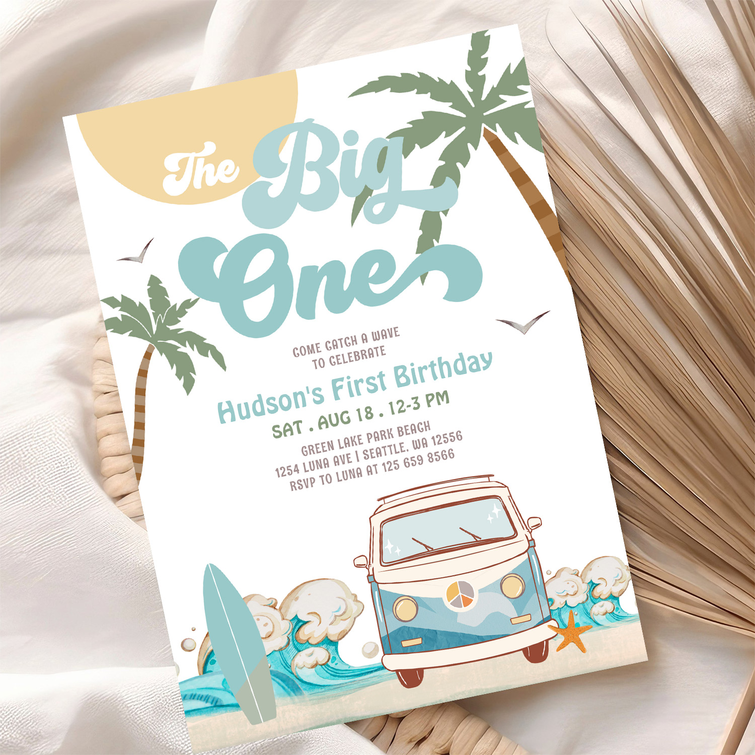 Retro Boy The Big One Surfing 1st Birthday Party Invitation - Image 10