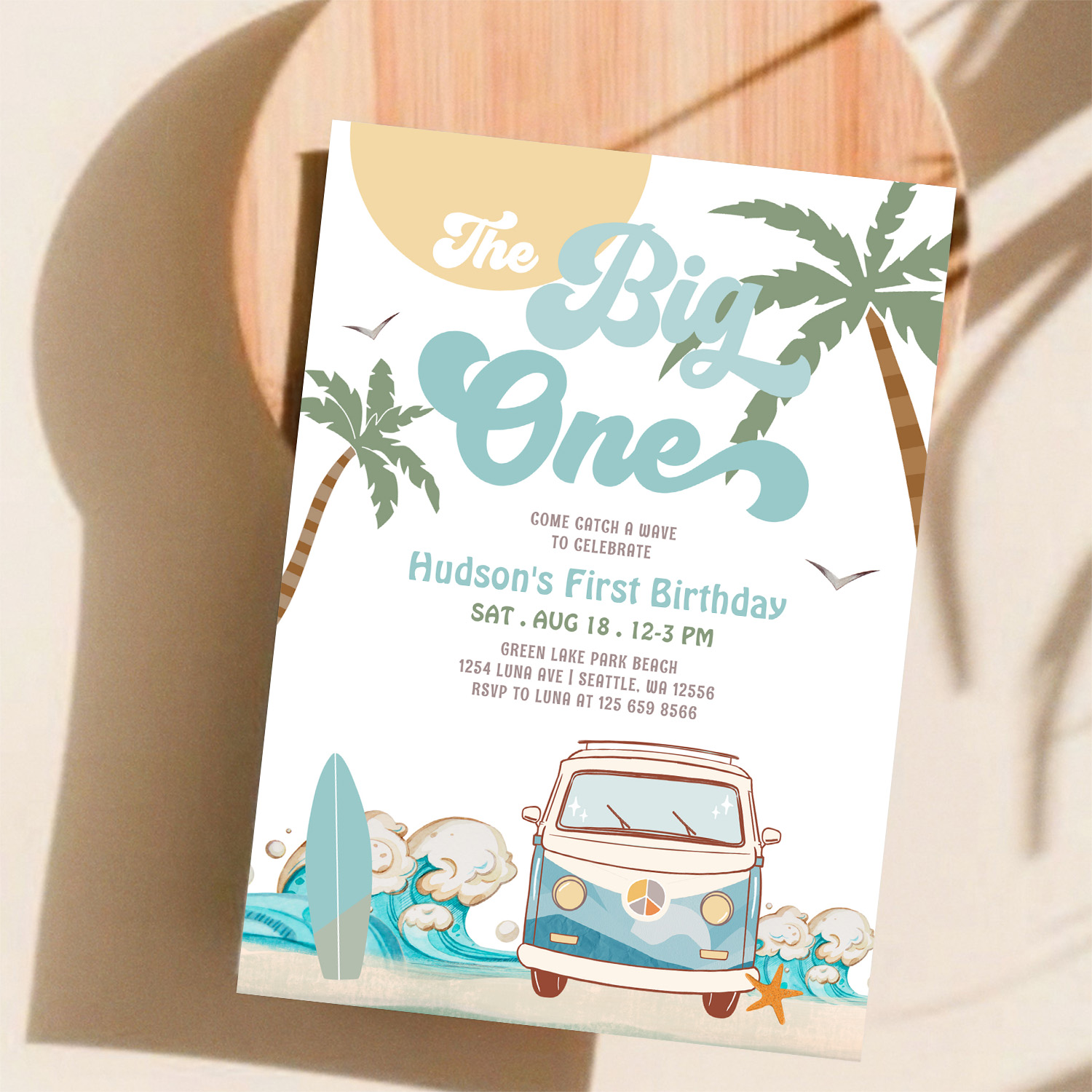 Retro Boy The Big One Surfing 1st Birthday Party Invitation - Image 11