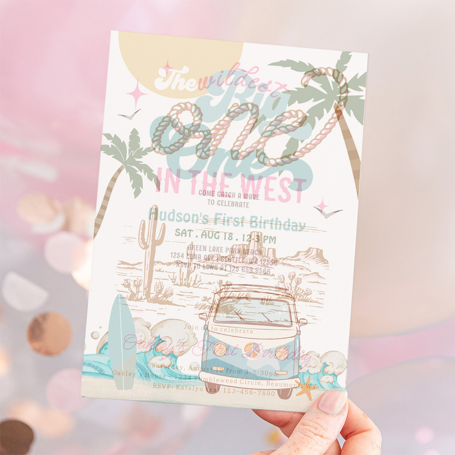 Retro Boy The Big One Surfing 1st Birthday Party Invitation - Image 12