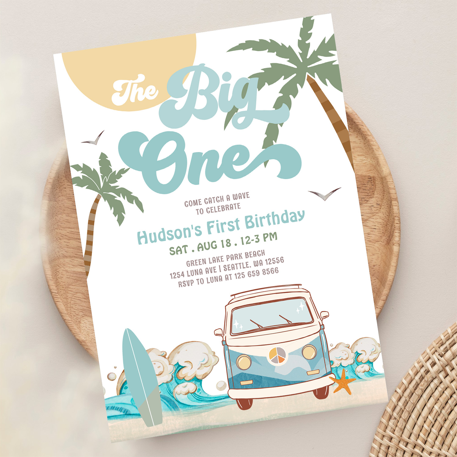 Retro Boy The Big One Surfing 1st Birthday Party Invitation - Image 13