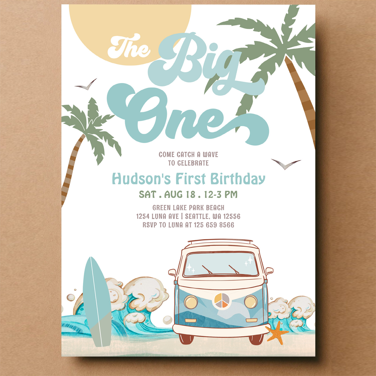 Retro Boy The Big One Surfing 1st Birthday Party Invitation - Image 14
