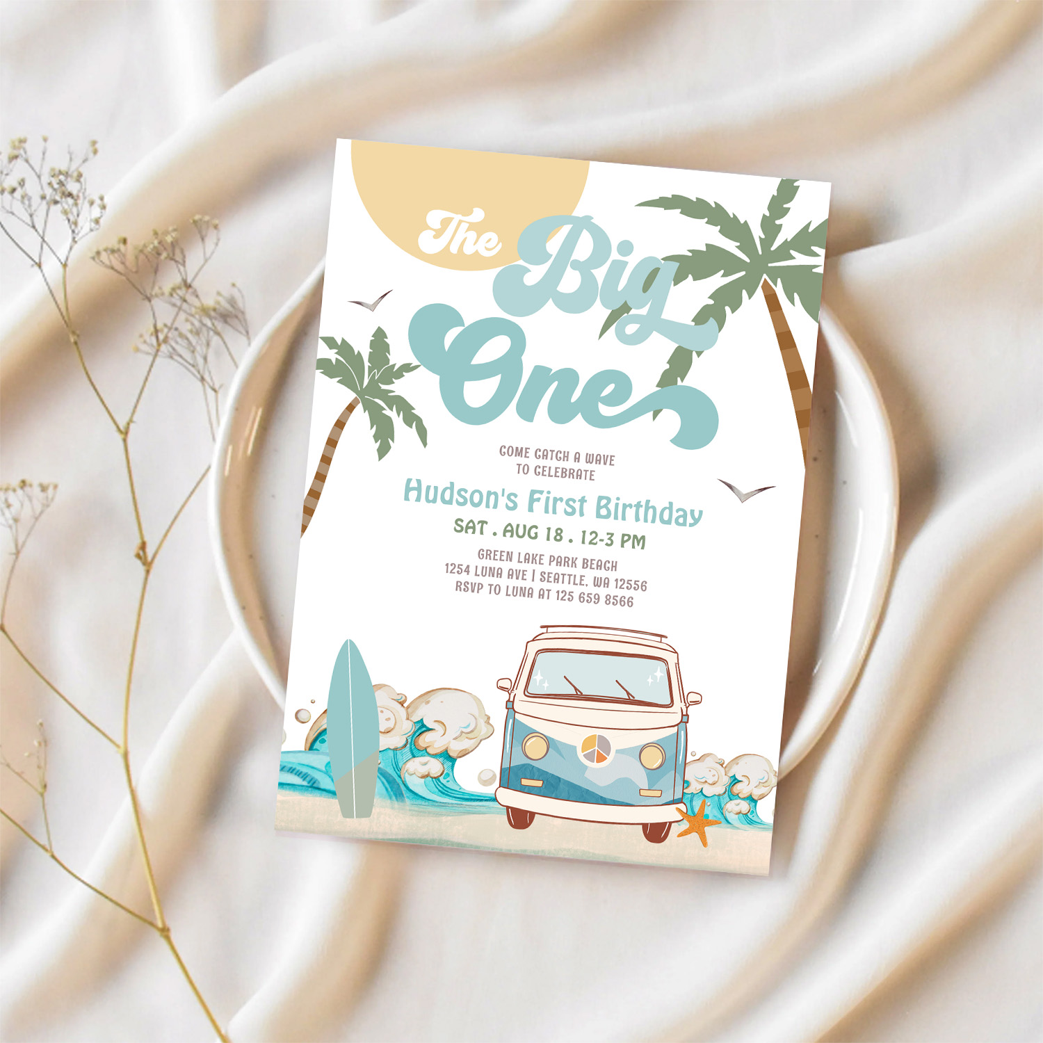 Retro Boy The Big One Surfing 1st Birthday Party Invitation - Image 2