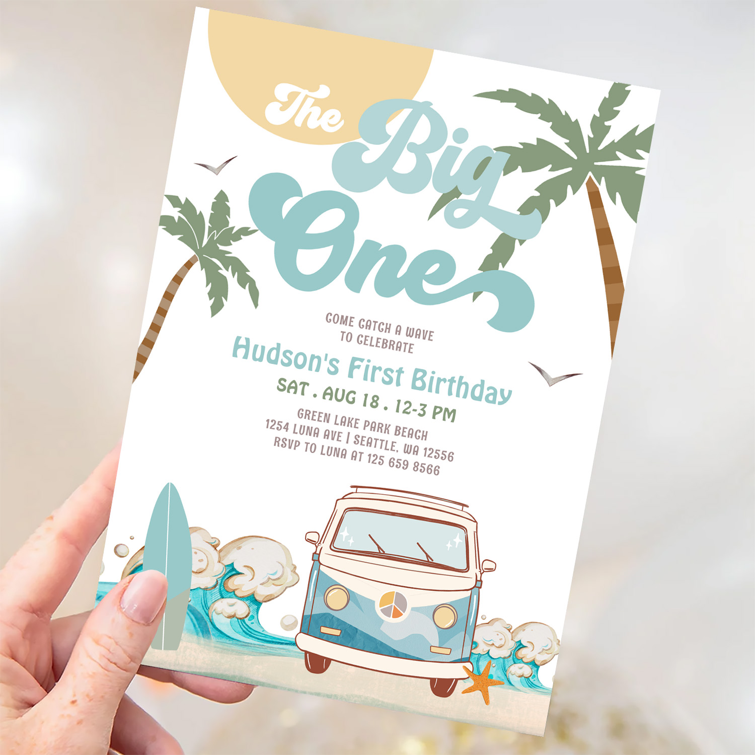 Retro Boy The Big One Surfing 1st Birthday Party Invitation - Image 3