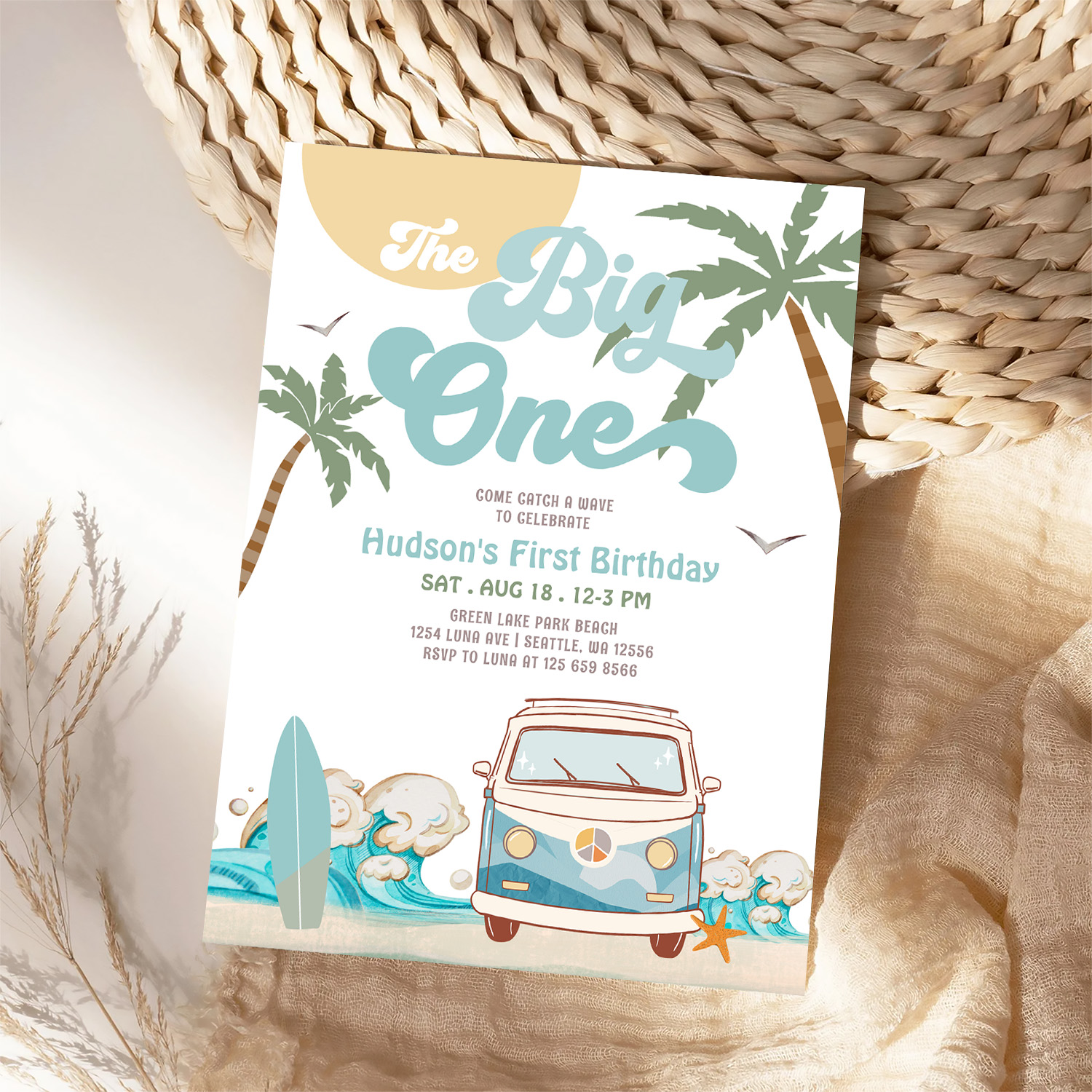 Retro Boy The Big One Surfing 1st Birthday Party Invitation - Image 4