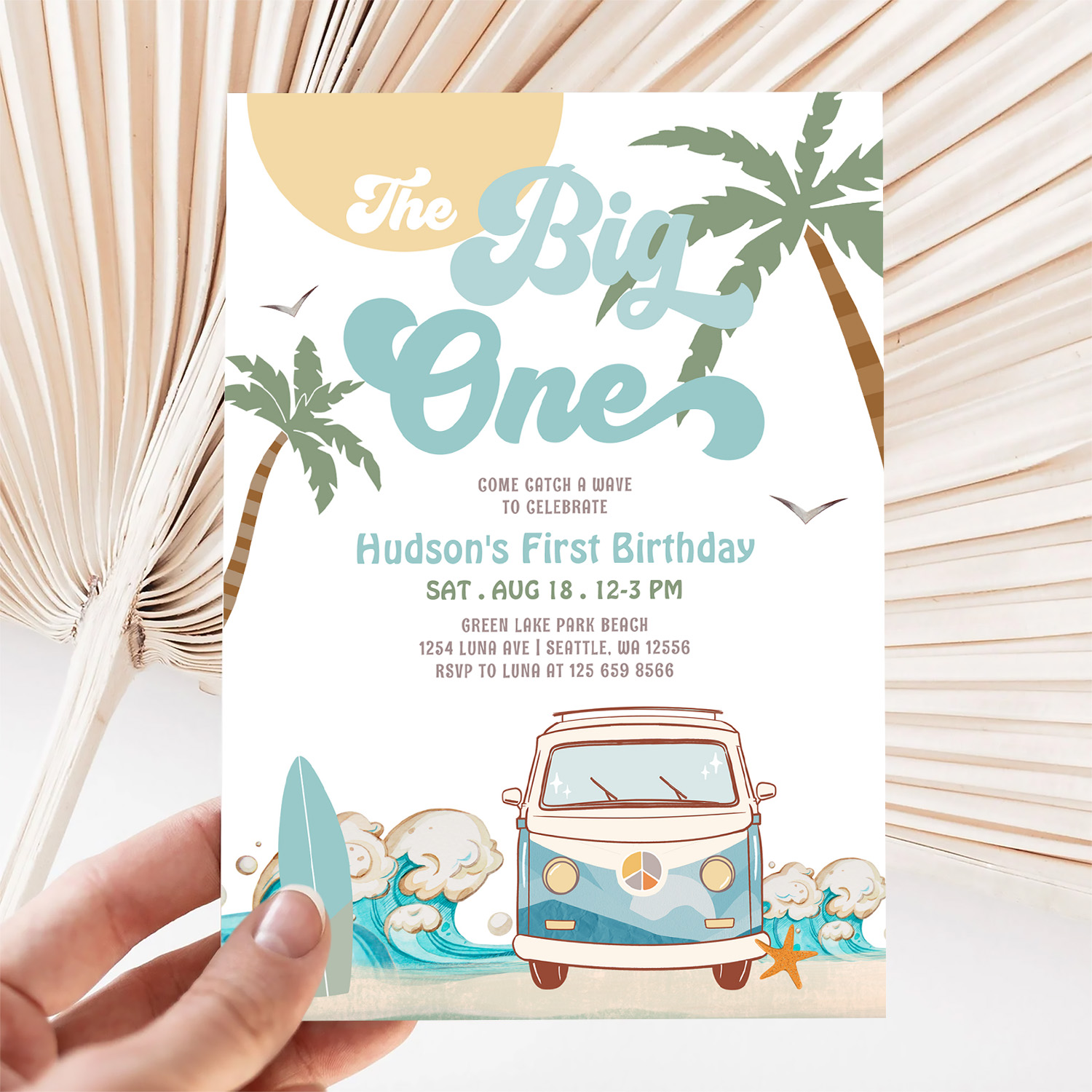 Retro Boy The Big One Surfing 1st Birthday Party Invitation - Image 5