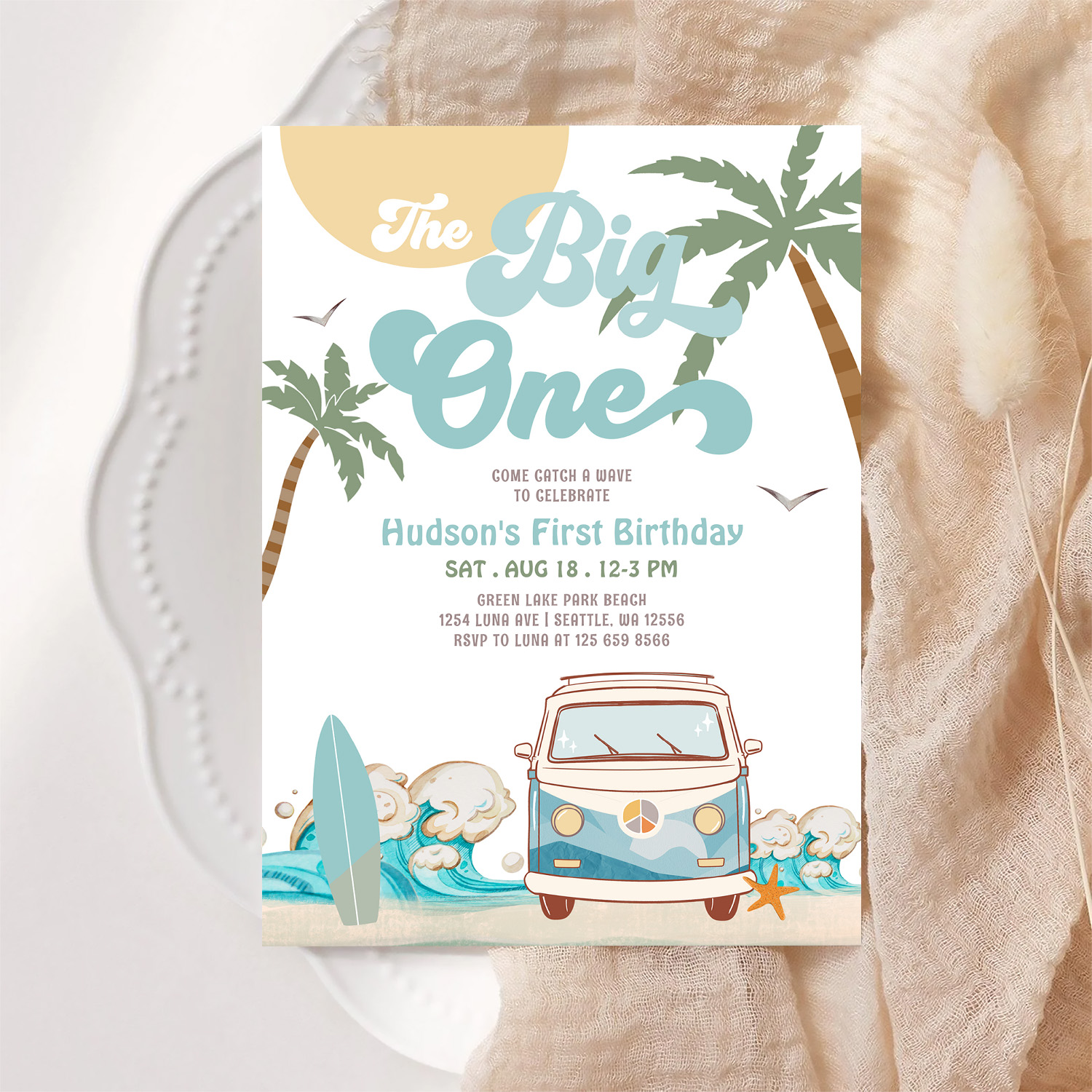 Retro Boy The Big One Surfing 1st Birthday Party Invitation - Image 6