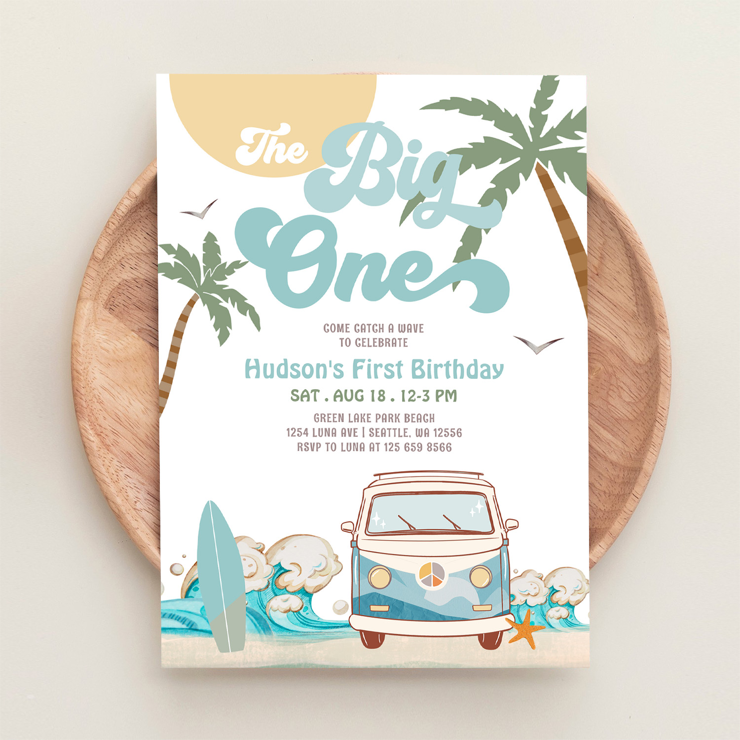 Retro Boy The Big One Surfing 1st Birthday Party Invitation - Image 7