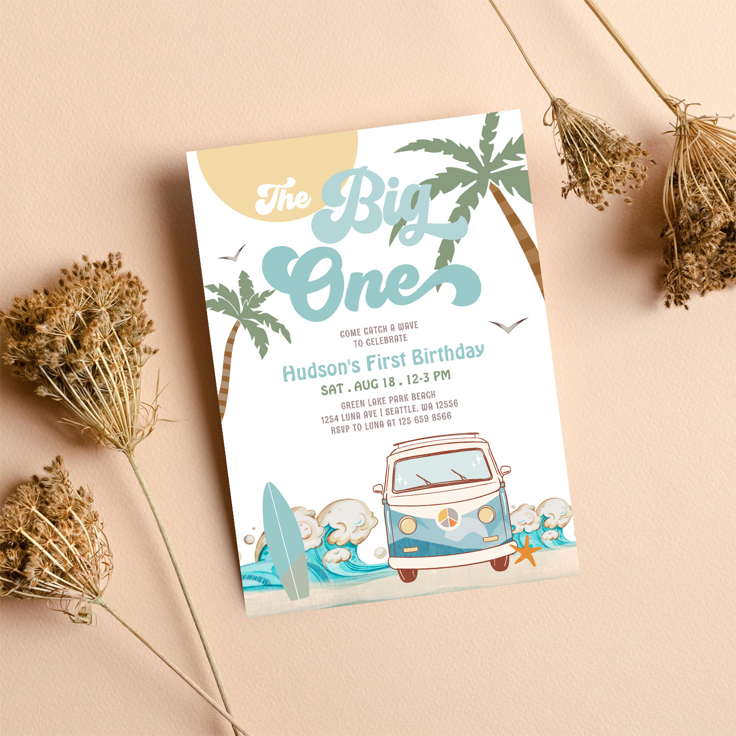 Retro Boy The Big One Surfing 1st Birthday Party Invitation - Image 8