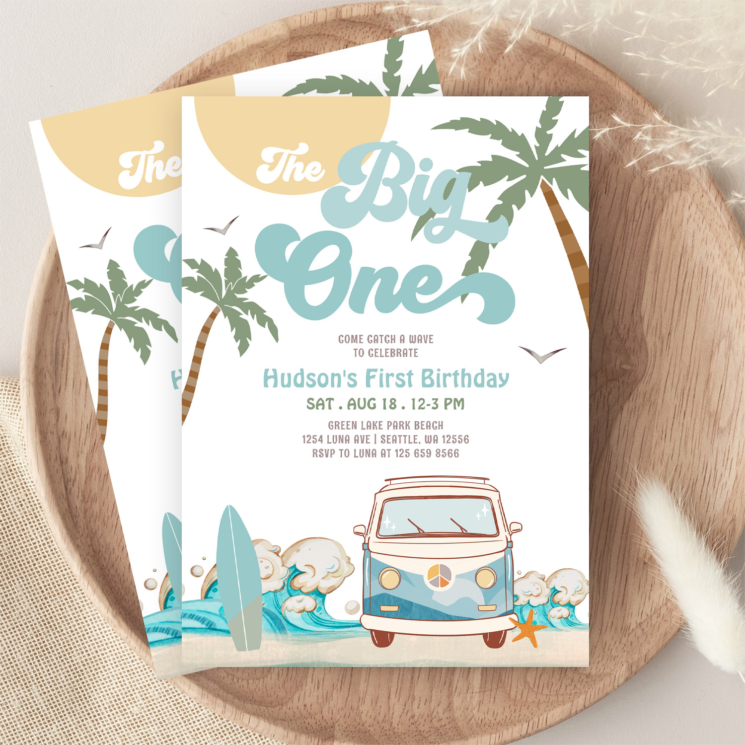 Retro Boy The Big One Surfing 1st Birthday Party Invitation - Image 9