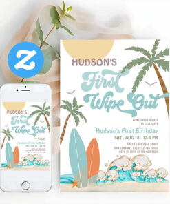 Retro First Wipe Out Surf Surfing 1st Birthday Invitation