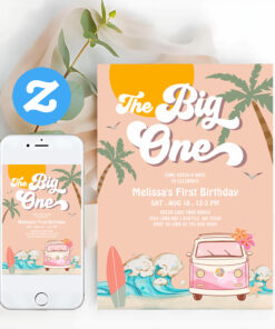 Retro Girl The Big One Surfing 1st Birthday Party Invitation