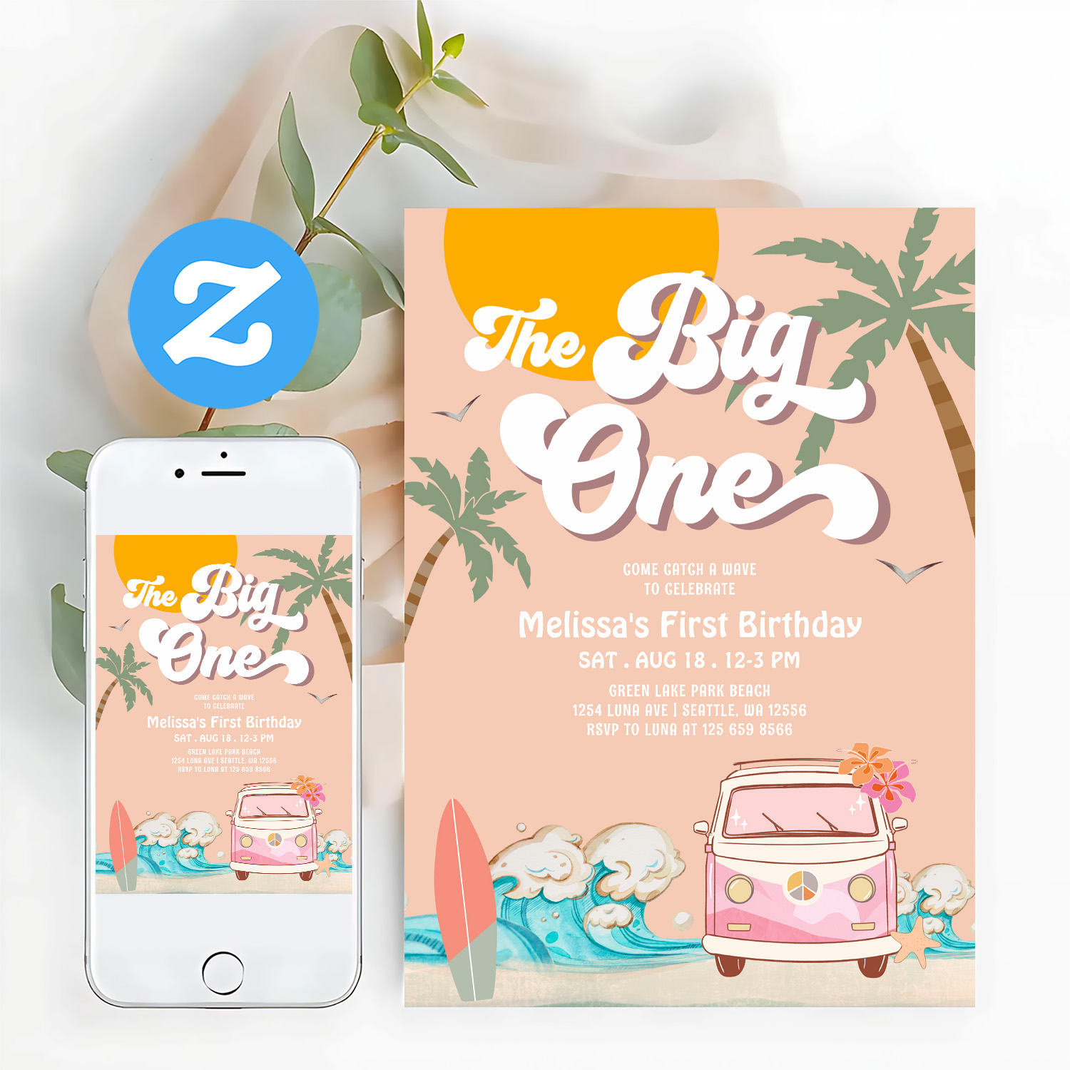 Retro Girl The Big One Surfing 1st Birthday Party Invitation