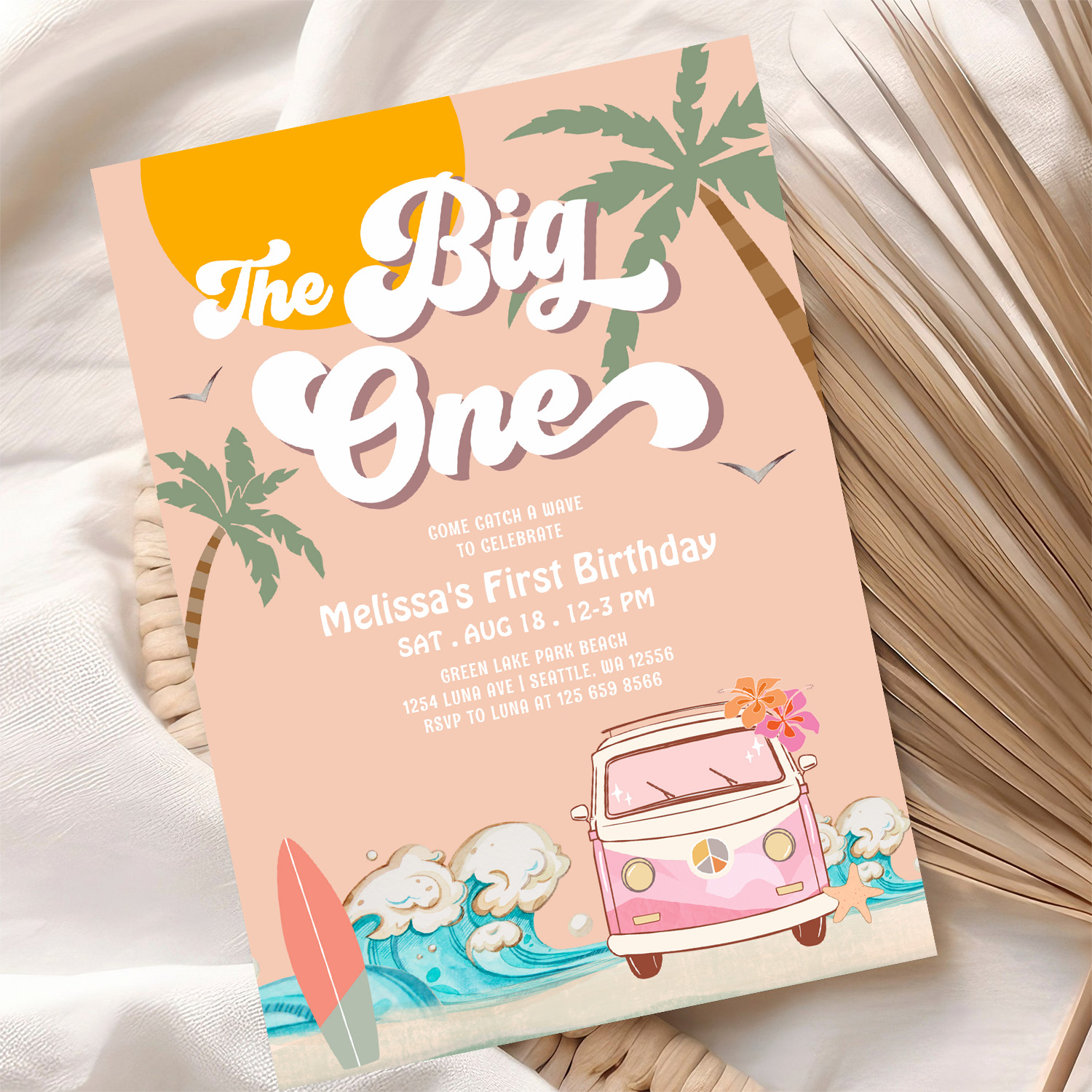 Retro Girl The Big One Surfing 1st Birthday Party Invitation - Image 10