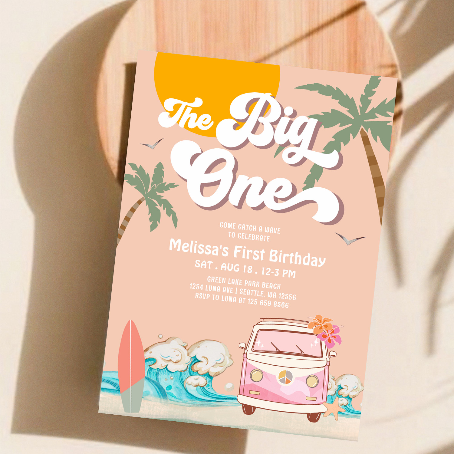 Retro Girl The Big One Surfing 1st Birthday Party Invitation - Image 11
