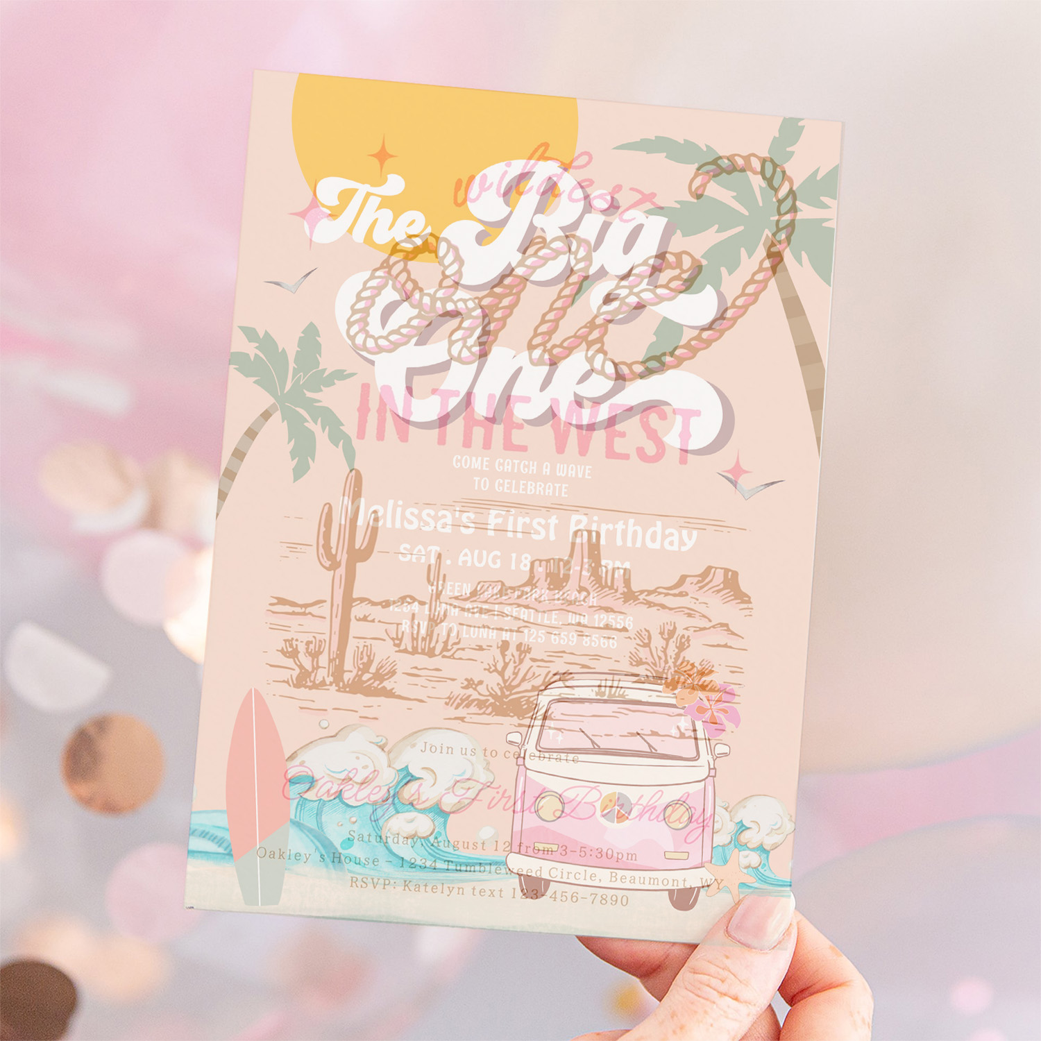 Retro Girl The Big One Surfing 1st Birthday Party Invitation - Image 12