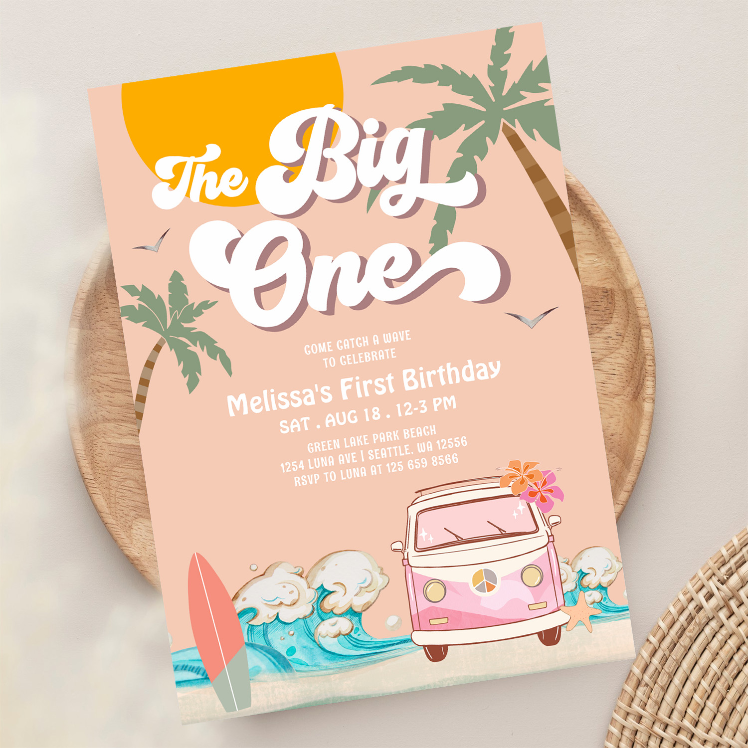 Retro Girl The Big One Surfing 1st Birthday Party Invitation - Image 13
