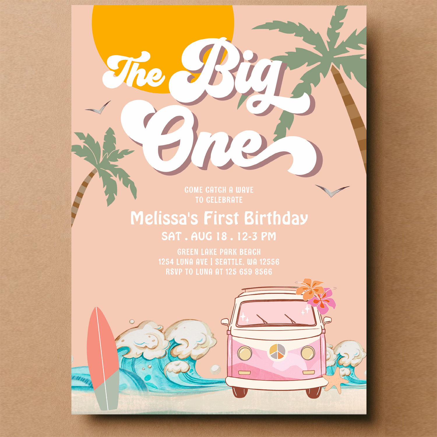 Retro Girl The Big One Surfing 1st Birthday Party Invitation - Image 14