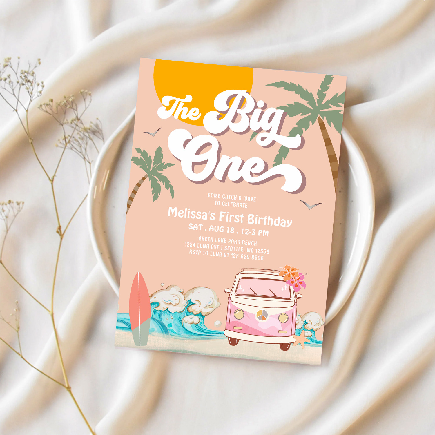 Retro Girl The Big One Surfing 1st Birthday Party Invitation - Image 2