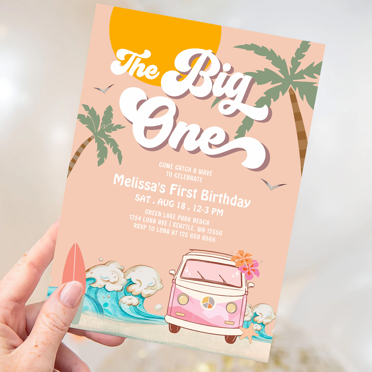 Retro Girl The Big One Surfing 1st Birthday Party Invitation - Image 3