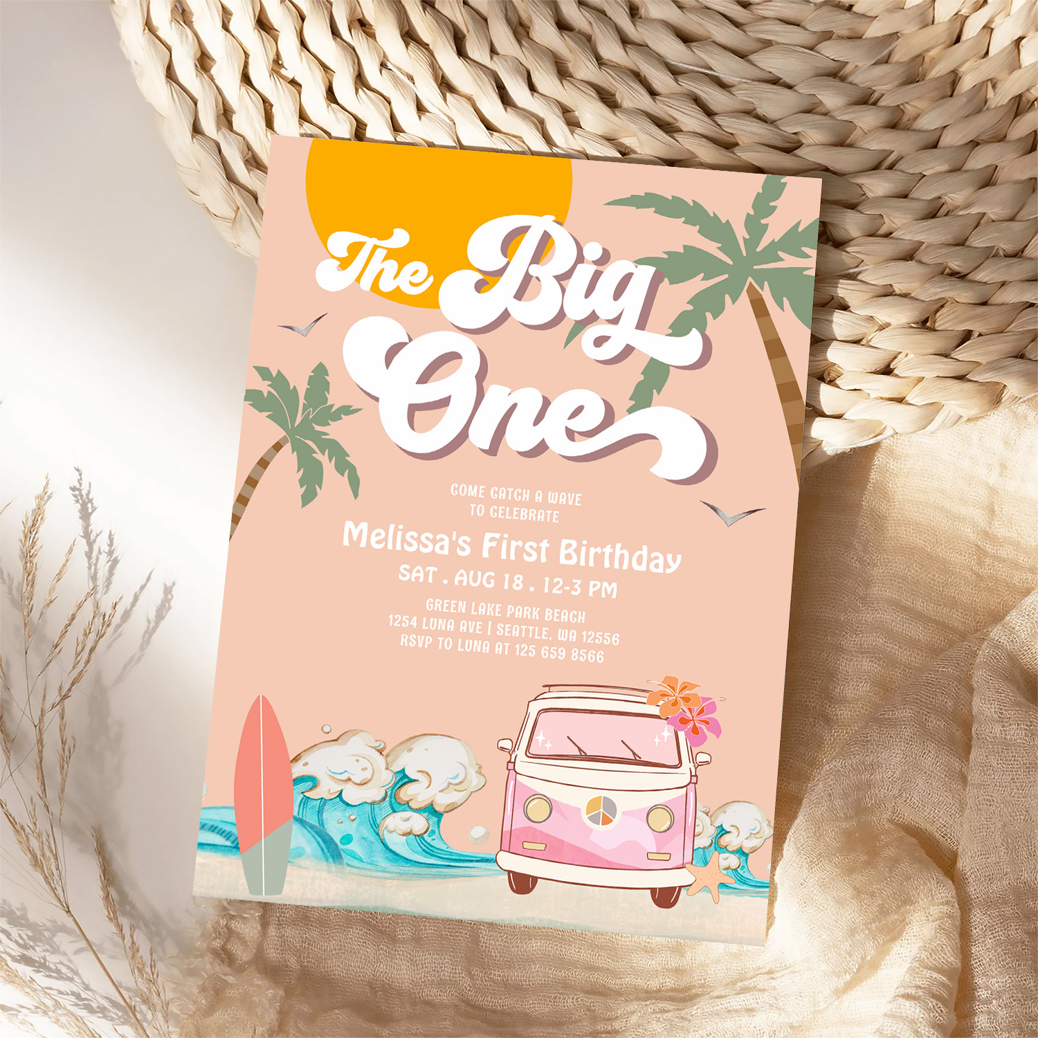 Retro Girl The Big One Surfing 1st Birthday Party Invitation - Image 4