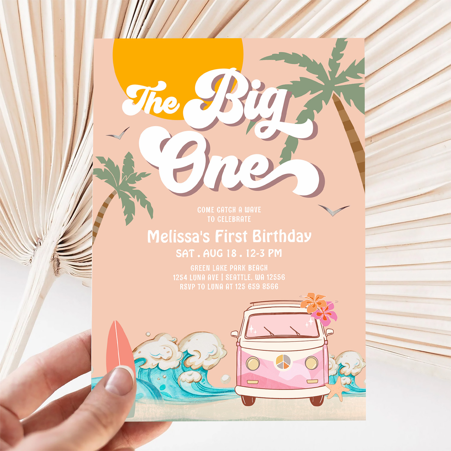 Retro Girl The Big One Surfing 1st Birthday Party Invitation - Image 5
