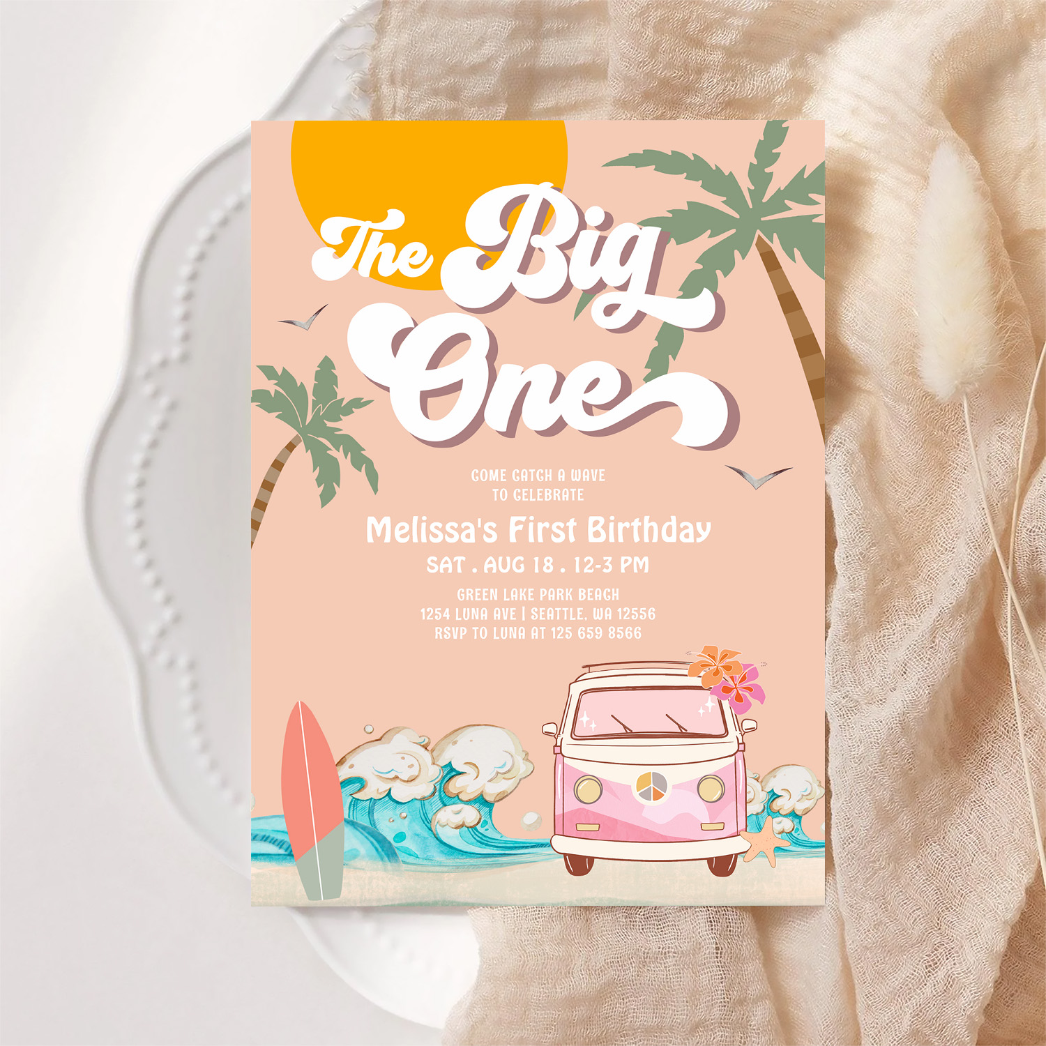 Retro Girl The Big One Surfing 1st Birthday Party Invitation - Image 6