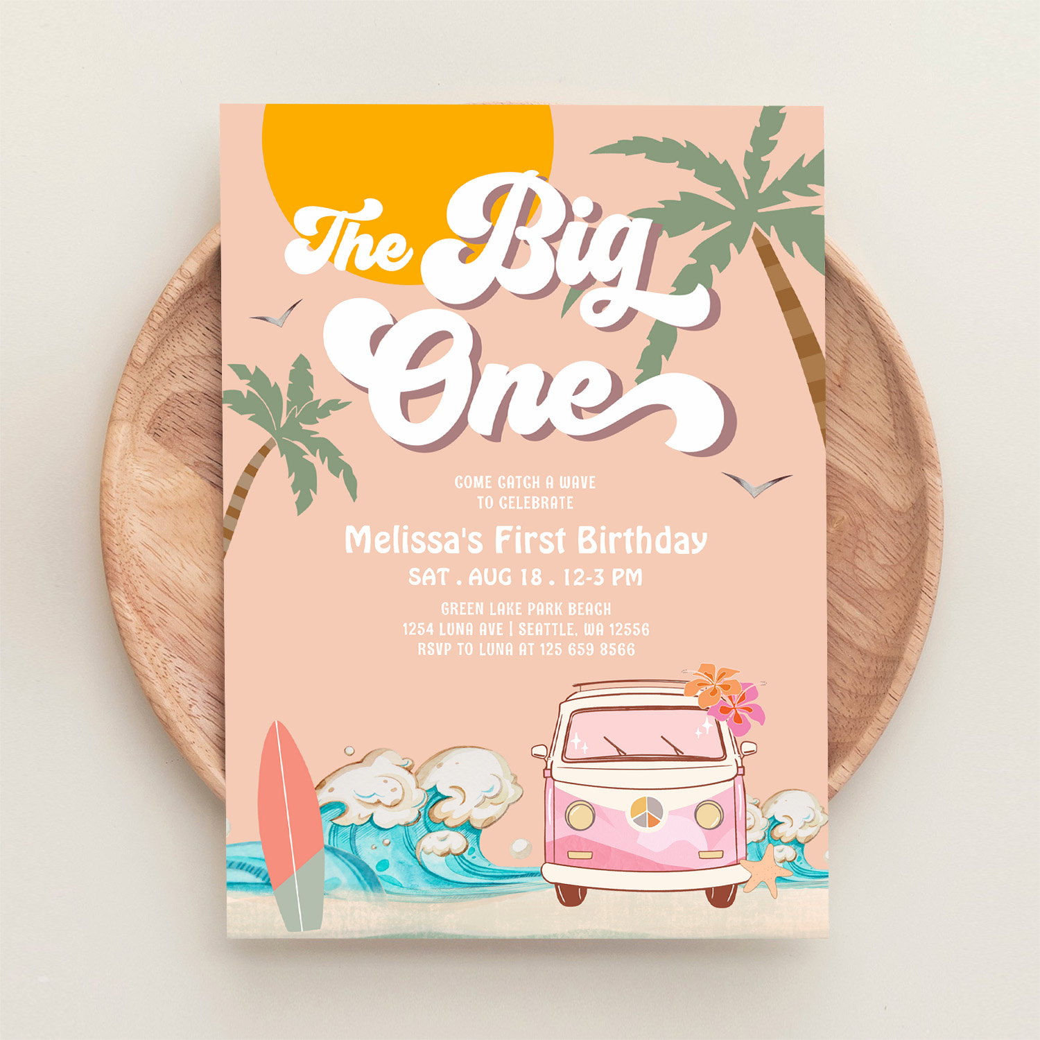 Retro Girl The Big One Surfing 1st Birthday Party Invitation - Image 7