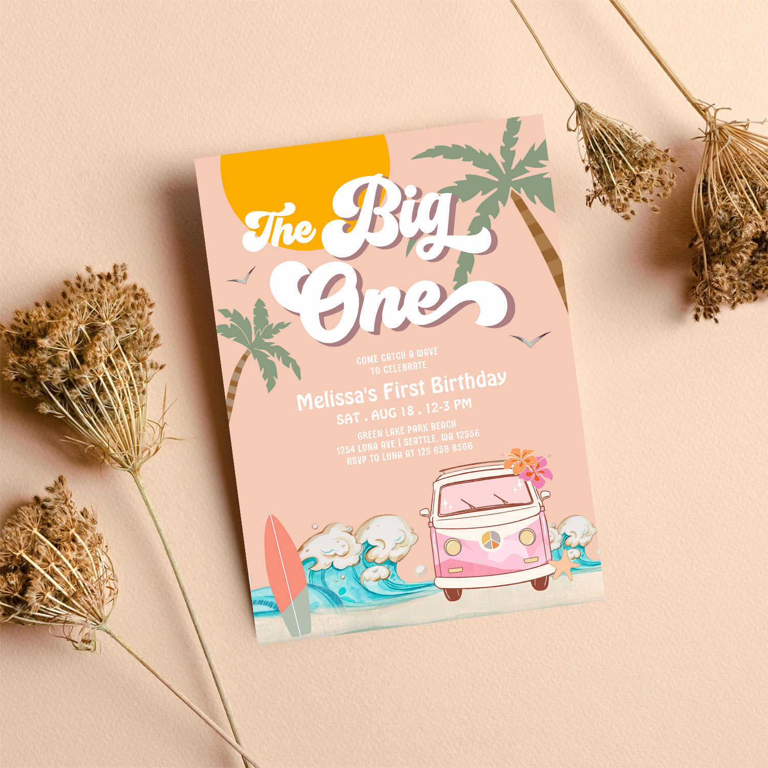 Retro Girl The Big One Surfing 1st Birthday Party Invitation - Image 8