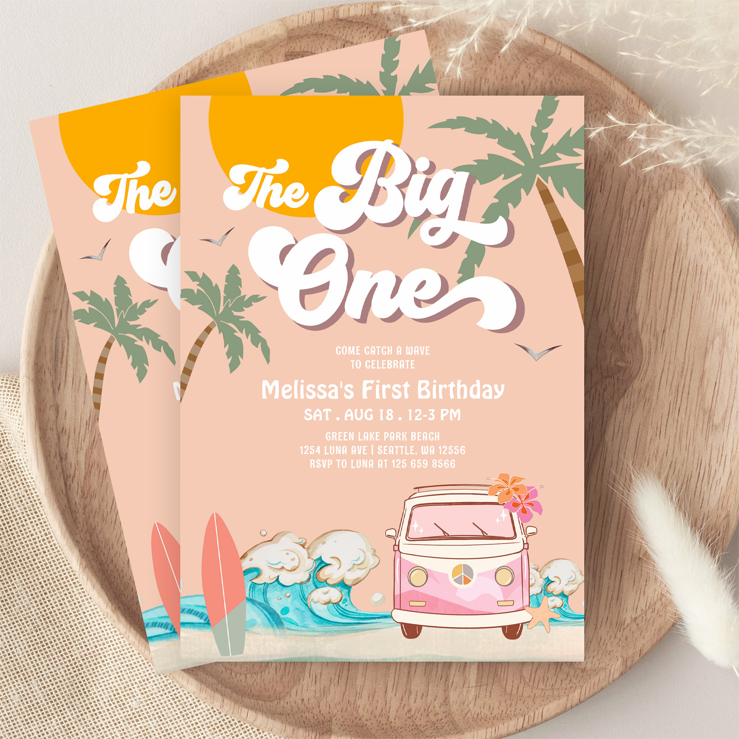 Retro Girl The Big One Surfing 1st Birthday Party Invitation - Image 9