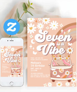 Seven Is A Vibe Daisy Beige Cream Rainbow Birthday Invitation
