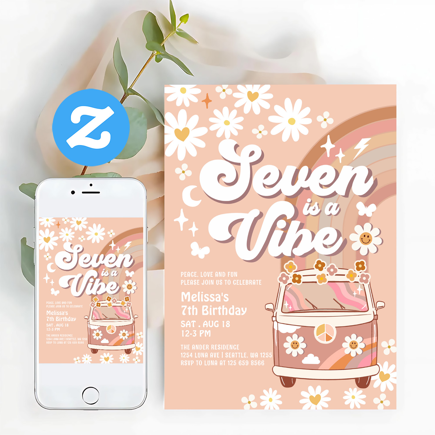 Seven Is A Vibe Daisy Beige Cream Rainbow Birthday Invitation