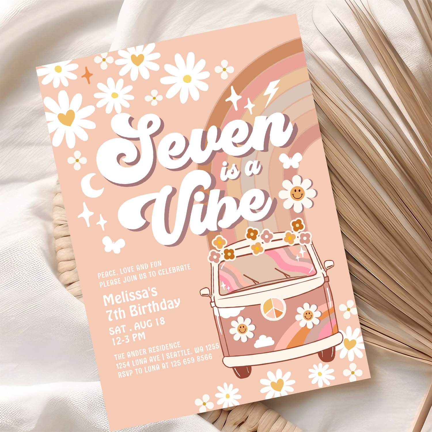 Seven Is A Vibe Daisy Beige Cream Rainbow Birthday Invitation - Image 10