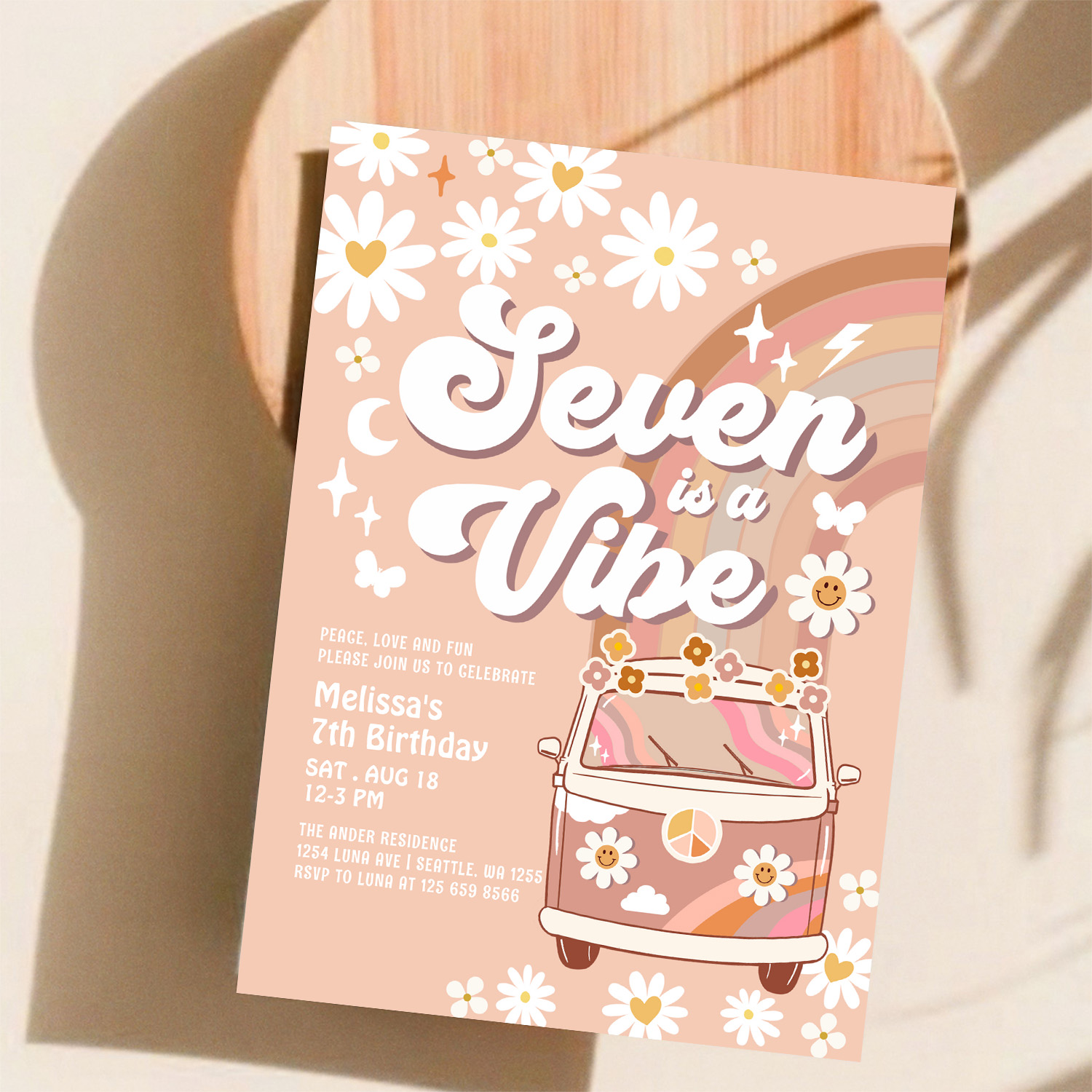 Seven Is A Vibe Daisy Beige Cream Rainbow Birthday Invitation - Image 11