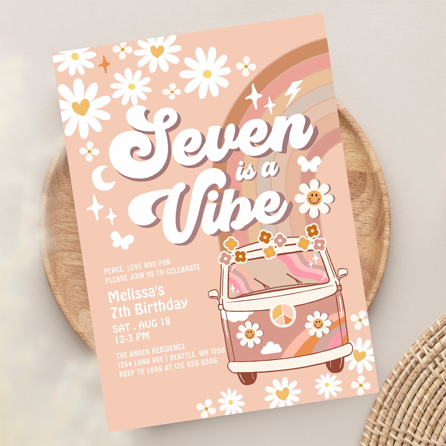 Seven Is A Vibe Daisy Beige Cream Rainbow Birthday Invitation - Image 13