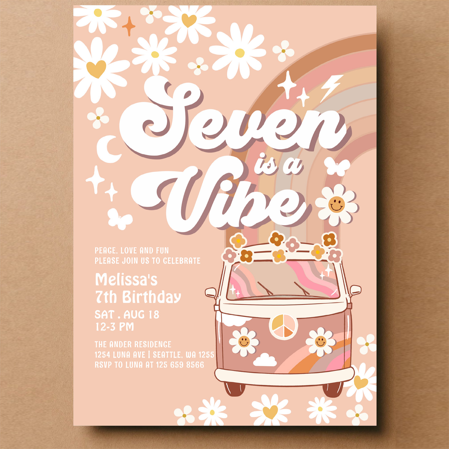 Seven Is A Vibe Daisy Beige Cream Rainbow Birthday Invitation - Image 14