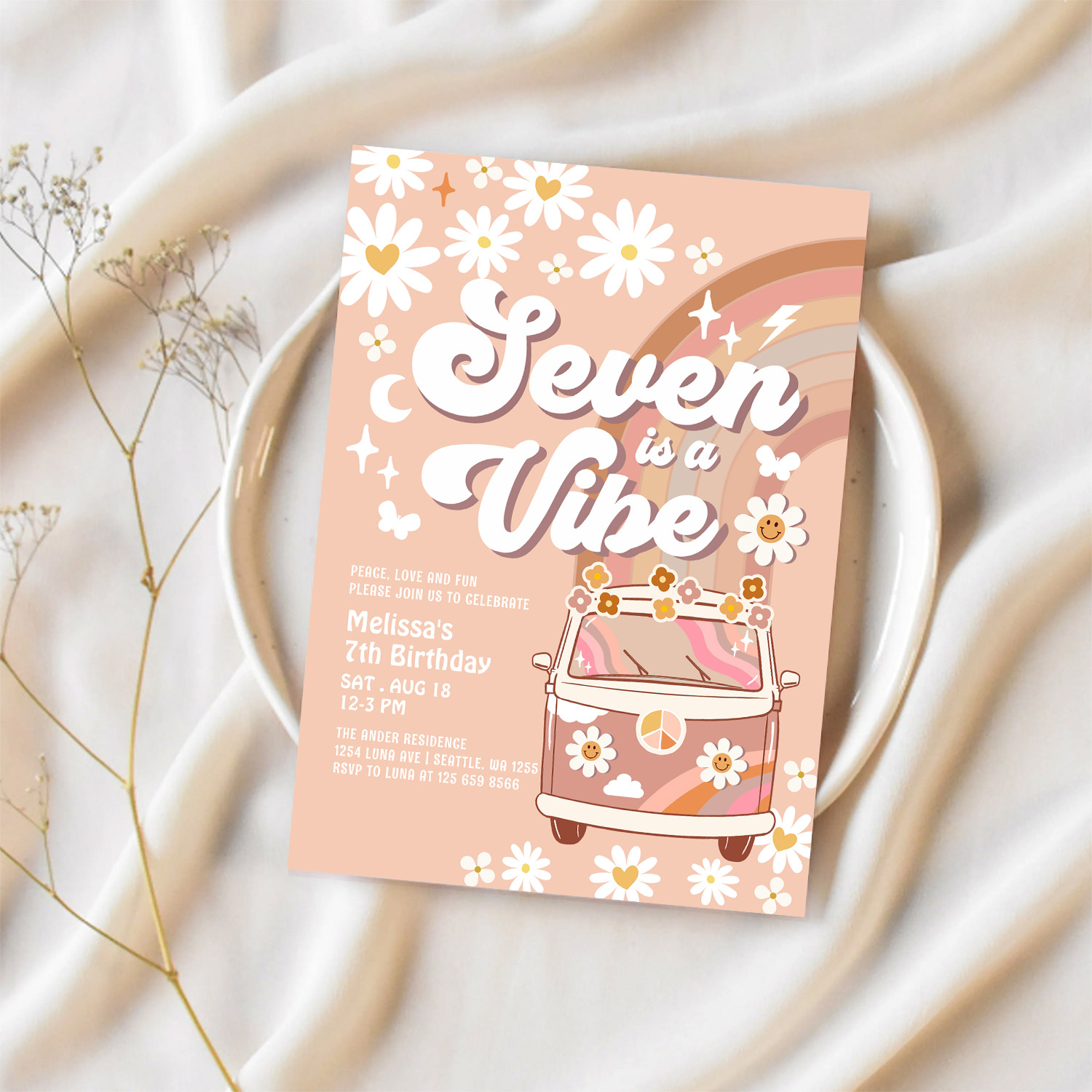 Seven Is A Vibe Daisy Beige Cream Rainbow Birthday Invitation - Image 2