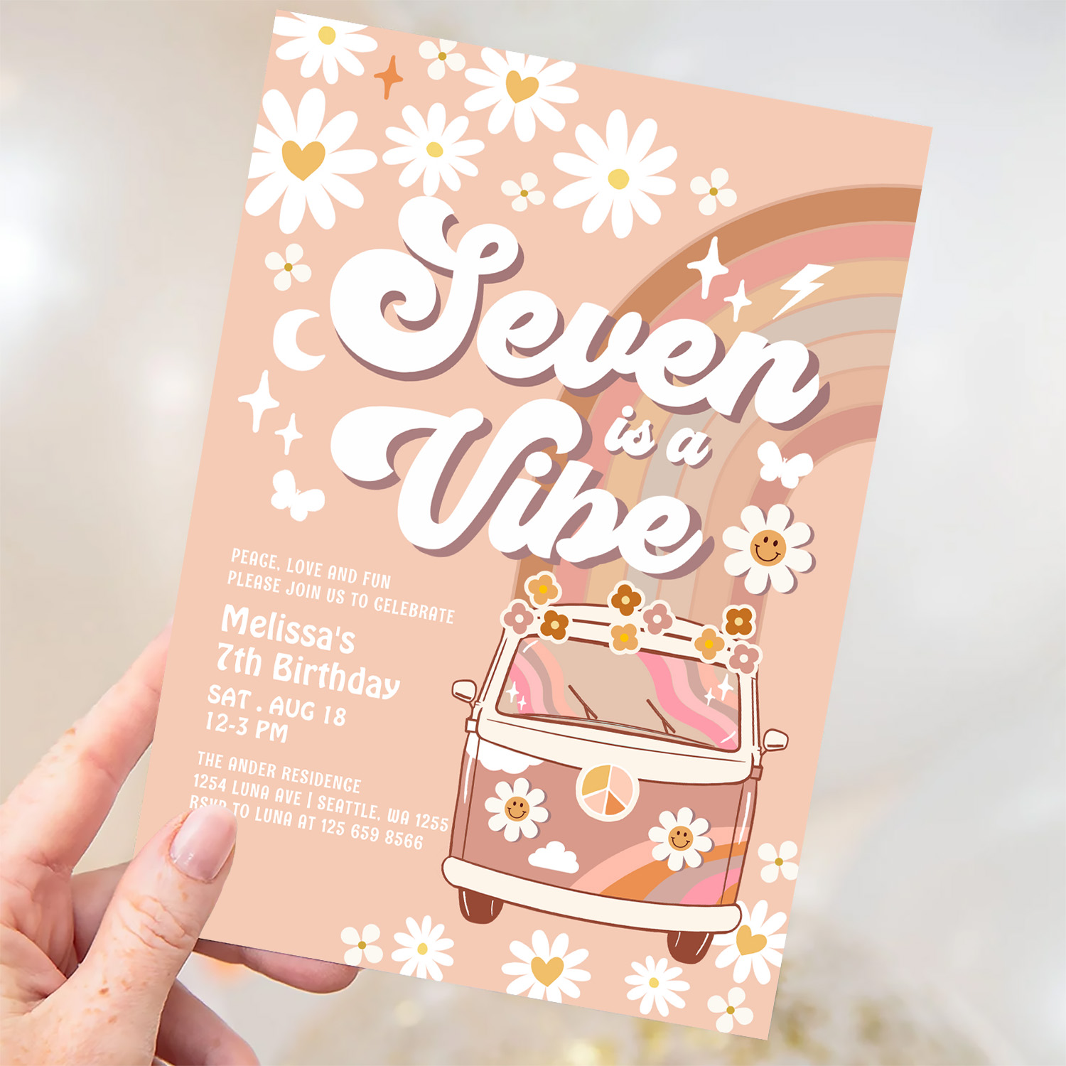 Seven Is A Vibe Daisy Beige Cream Rainbow Birthday Invitation - Image 3