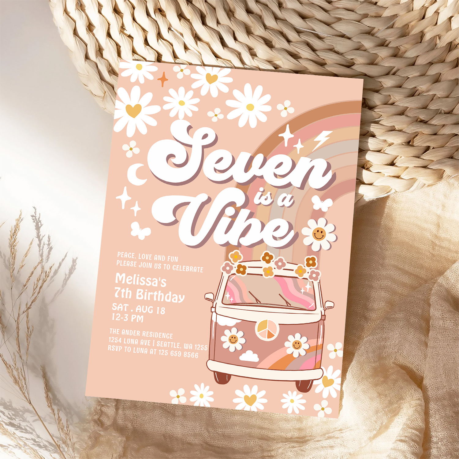Seven Is A Vibe Daisy Beige Cream Rainbow Birthday Invitation - Image 4