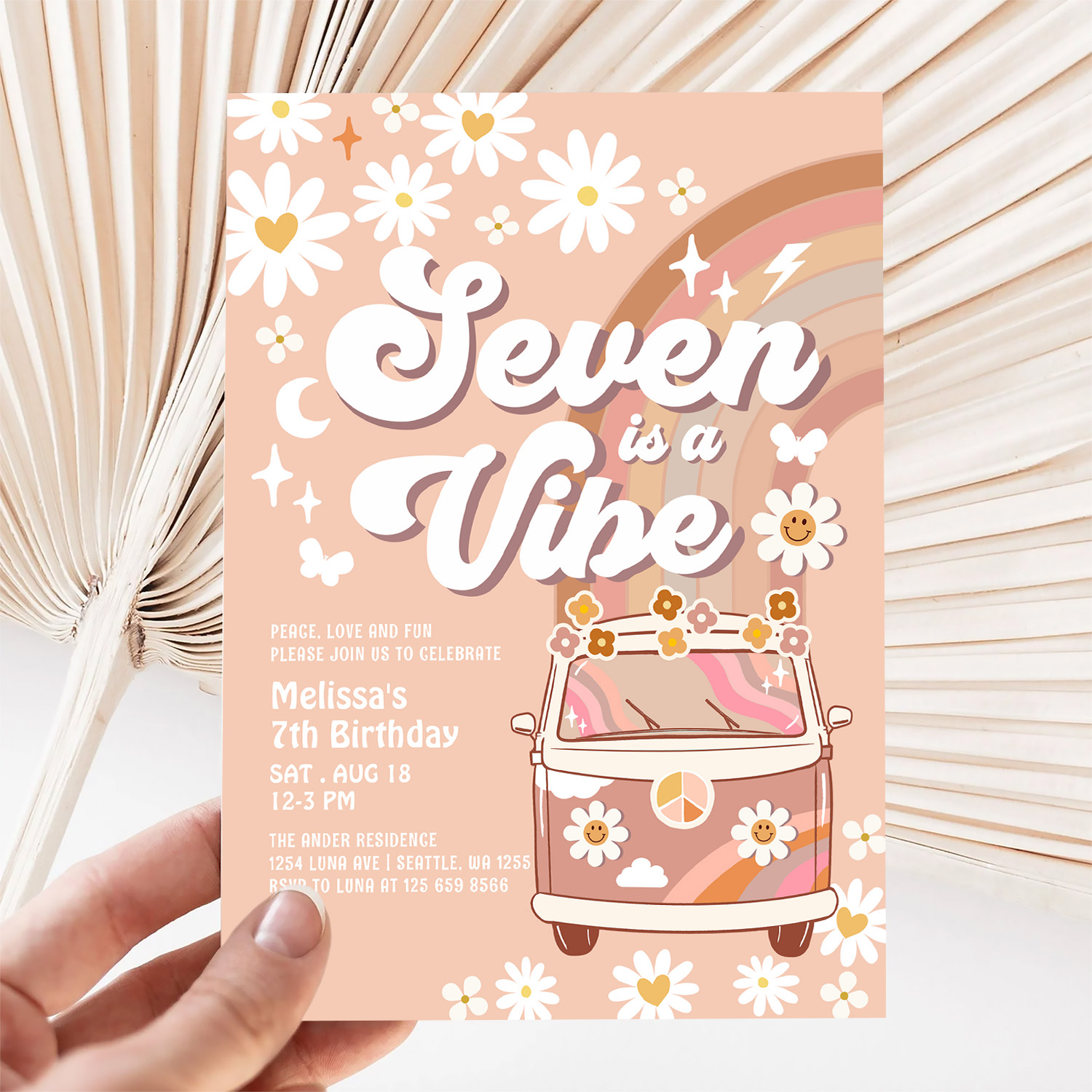 Seven Is A Vibe Daisy Beige Cream Rainbow Birthday Invitation - Image 5