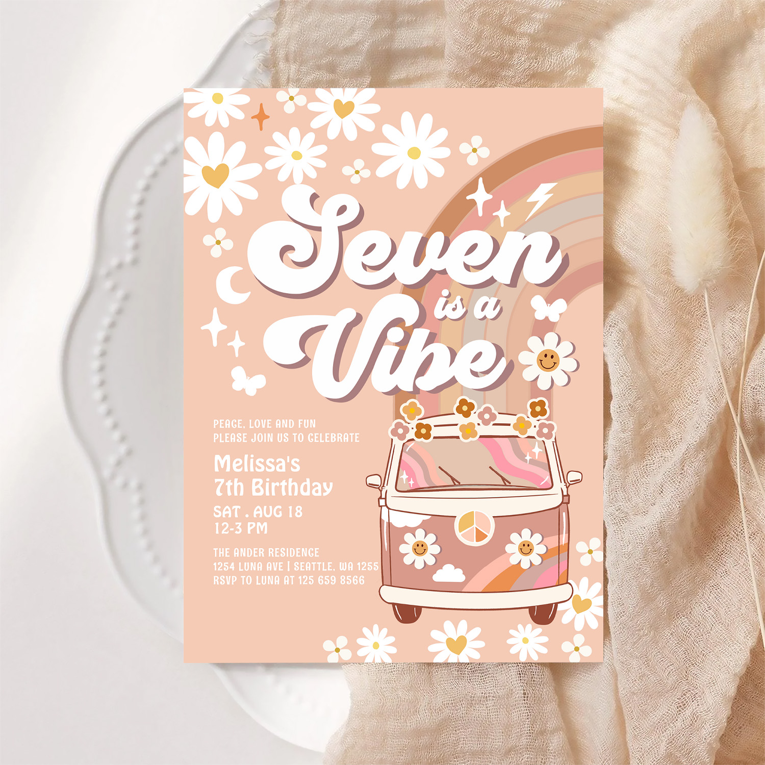 Seven Is A Vibe Daisy Beige Cream Rainbow Birthday Invitation - Image 6
